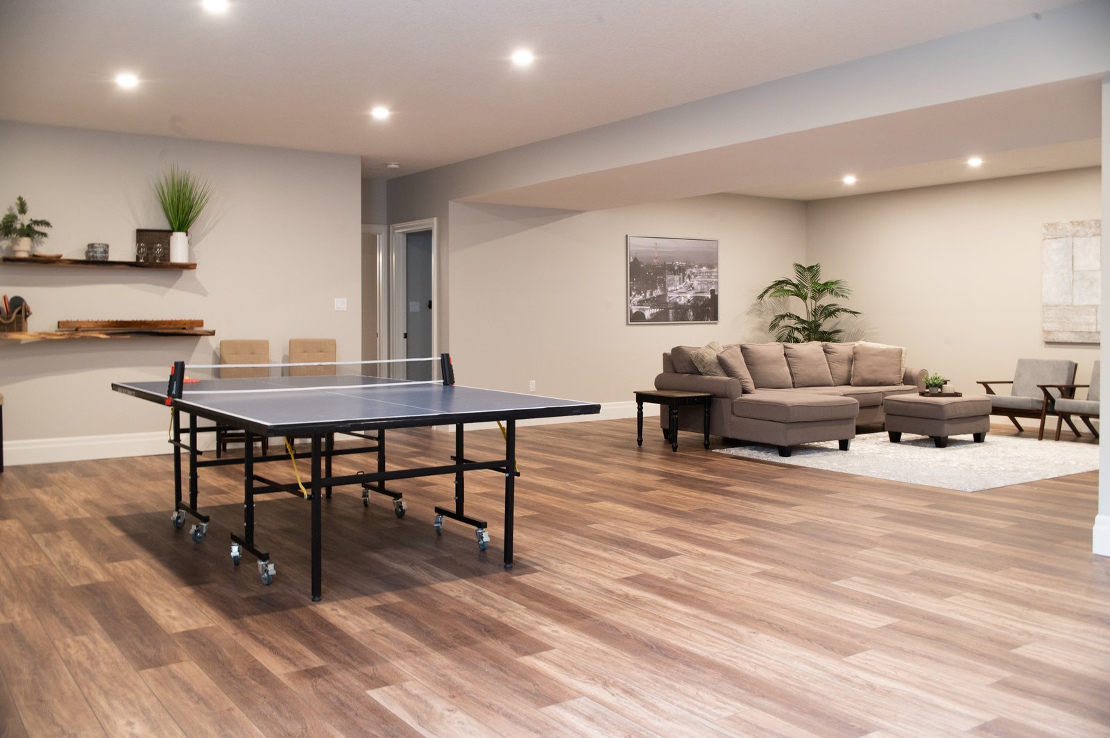 Finished basement with family room and office space.